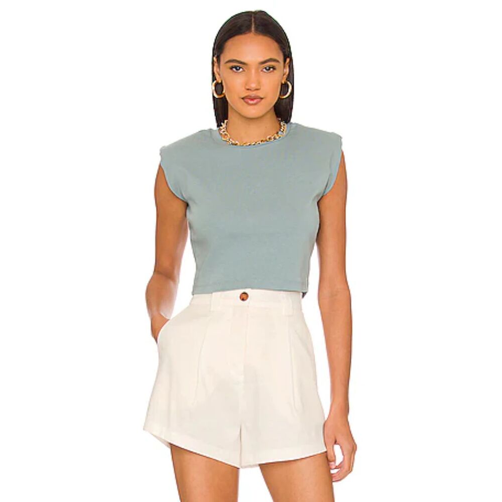AllSaints Mika Cropped Tank Dusk Blue, Padded Shoulders, 98% Cotton, Size Small